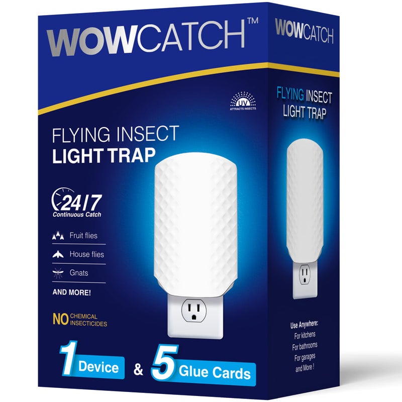 WowCatch Flying Insect Trap for Indoors, Plug-in Fly Trap Bug Catcher for Gnats, Fruit Flies & House Flies, Upgraded Blue UV Light Trap with Sticky Cards, Silent & Mess-Free, 1 Device + 5 Refill - Image 1