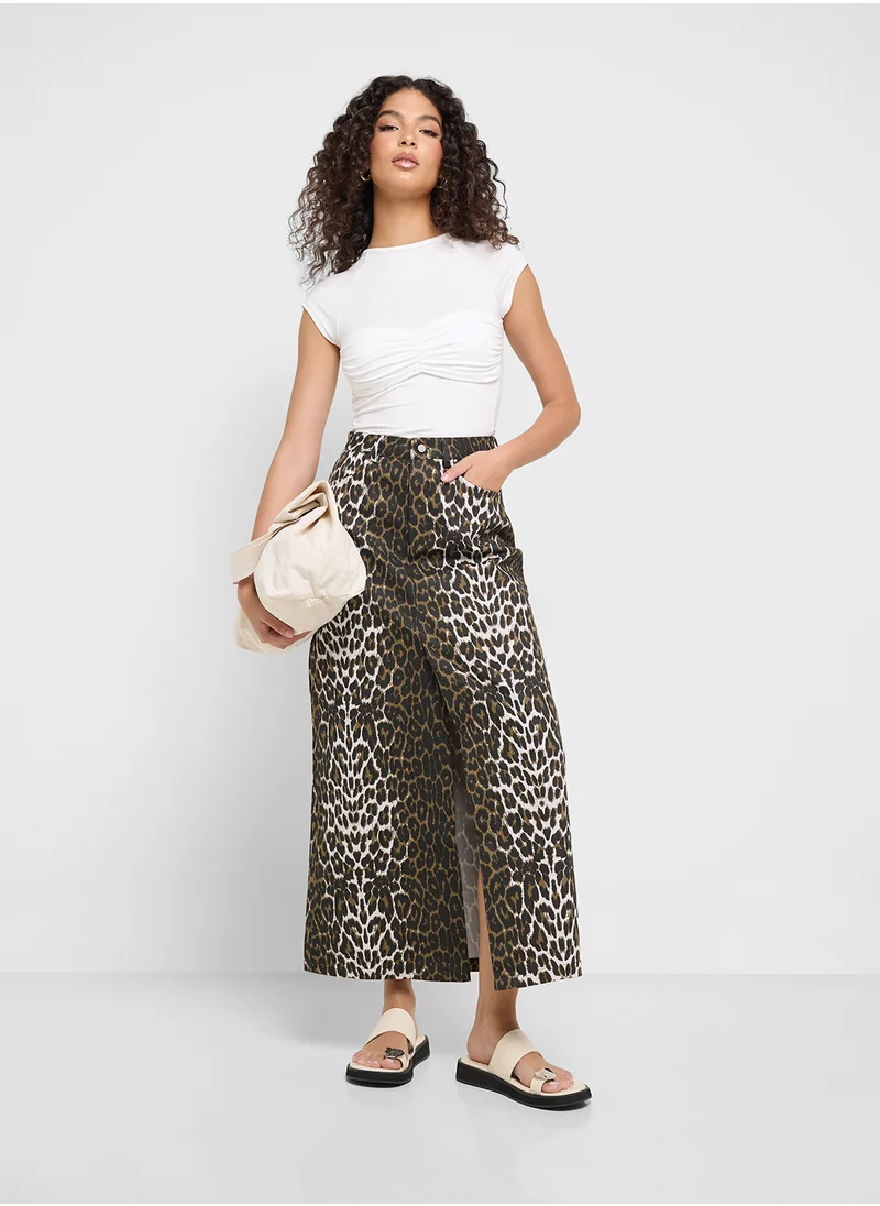 Ginger Denim Maxi Skirt In Leopard Print