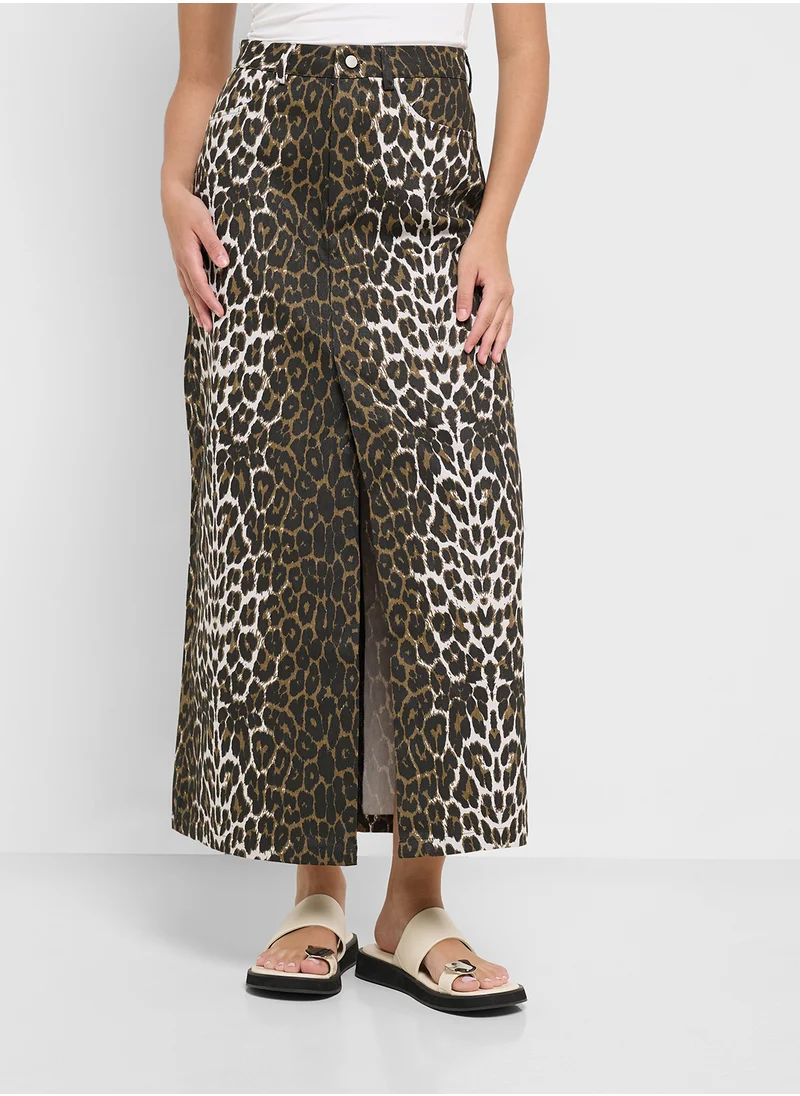 Ginger Denim Maxi Skirt In Leopard Print