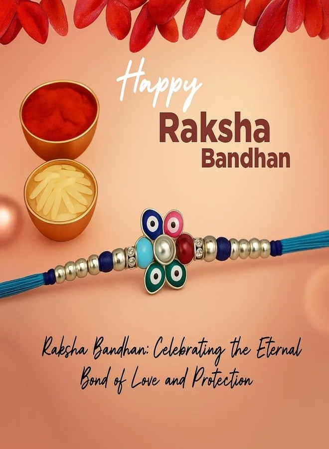 Sage Square Evil Eye Rakhi for Brother, Bhai with Roli Chawal | Raksha Bandhan | Designer Beads, Stones, Decorative Work | Stylish Handcrafted Rakhi Gifting for Sibling Festival Celebration (Type 3) - Image 2