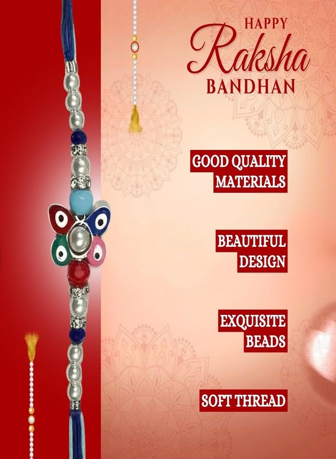 Sage Square Evil Eye Rakhi for Brother, Bhai with Roli Chawal | Raksha Bandhan | Designer Beads, Stones, Decorative Work | Stylish Handcrafted Rakhi Gifting for Sibling Festival Celebration (Type 3) - Image 3
