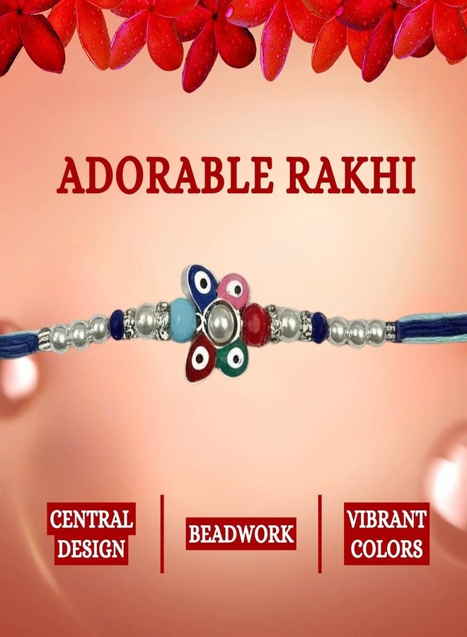 Sage Square Evil Eye Rakhi for Brother, Bhai with Roli Chawal | Raksha Bandhan | Designer Beads, Stones, Decorative Work | Stylish Handcrafted Rakhi Gifting for Sibling Festival Celebration (Type 3) - Image 5