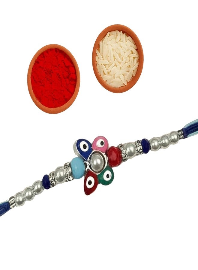 Sage Square Evil Eye Rakhi for Brother, Bhai with Roli Chawal | Raksha Bandhan | Designer Beads, Stones, Decorative Work | Stylish Handcrafted Rakhi Gifting for Sibling Festival Celebration (Type 3) - Image 1
