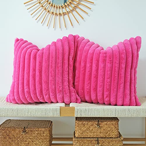 JOJUSIS Pack of 2 Faux Fur Plush Decorative Throw Pillow Covers Couch Cushion Case Soft Pillowcases Hot Pink 18 x 18Inch - Image 1
