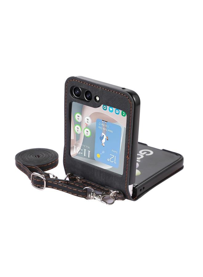 اس-توب جراب لهاتف Samsung Galaxy Z Flip5، جراب هاتف جلدي قلاب أفقي مع حبل طويل - Image 5