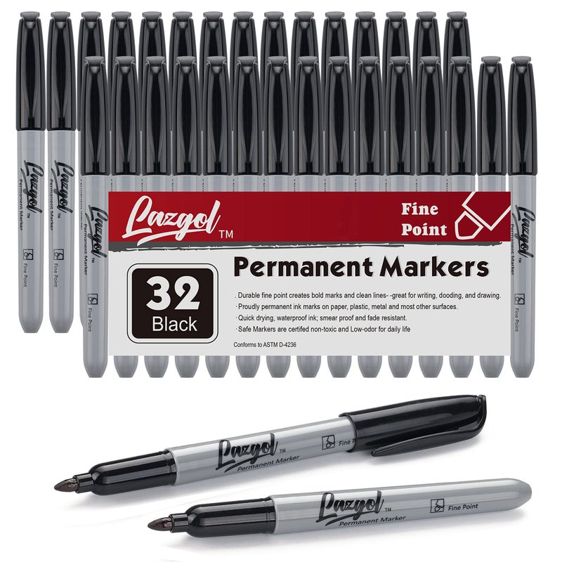 LAZGOL Permanent Markers Bulk, 32 Pack Black Permanent Marker Set, Fine Tip, Waterproof Markers, Premium Smear Proof Pens, Waterproof, Quick Drying, Office Supplies for School, Office, Home - Image 1