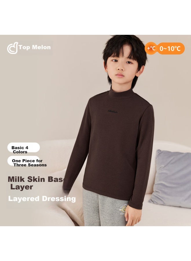 Top melon Dingguagua [school Uniform Essential Little Elastic T] Boys' Long Sleeve Cashmere Base Layer Mid-neck Children's Thermal Autumn Shirt Brown 130 - Image 1