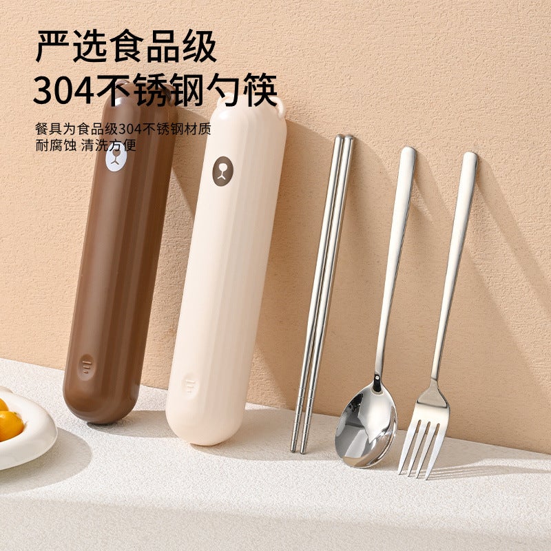 304 Portable Tableware Spoon Fork Chopsticks Suit Storage Box Pull-Out Bear Creative Student Tableware Box Three-Piece Set - Image 2