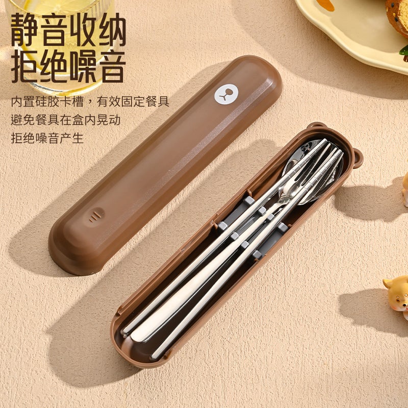304 Portable Tableware Spoon Fork Chopsticks Suit Storage Box Pull-Out Bear Creative Student Tableware Box Three-Piece Set - Image 3