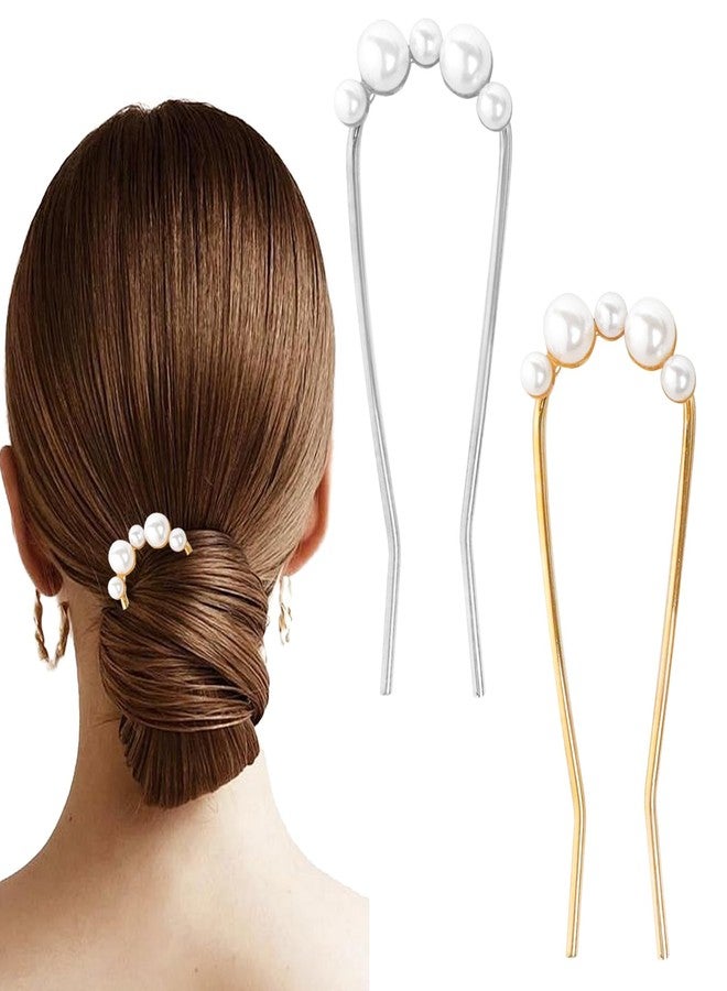 loghohu 2Pcs French Hair Pins with Pearl U-Shaped French Twist Hair Pin Metal French Pin for Women Girls Large French Clip Vintage Hair Sticks Double Prongs Hair Pin Hairstyle Accessories, Gold and Silver - Image 1