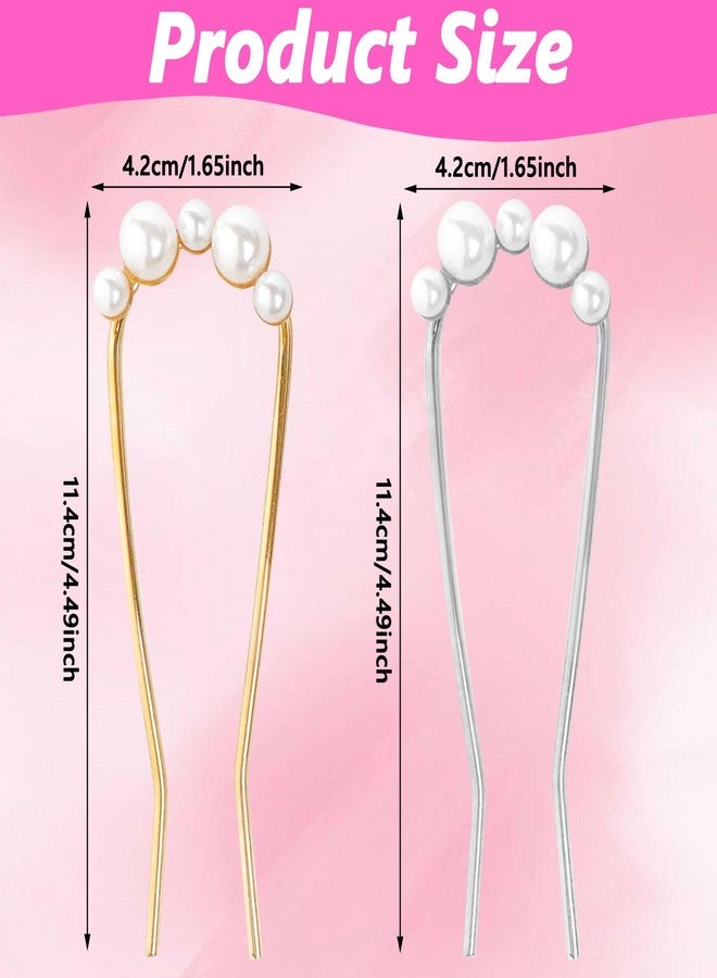 loghohu 2Pcs French Hair Pins with Pearl U-Shaped French Twist Hair Pin Metal French Pin for Women Girls Large French Clip Vintage Hair Sticks Double Prongs Hair Pin Hairstyle Accessories, Gold and Silver - Image 2