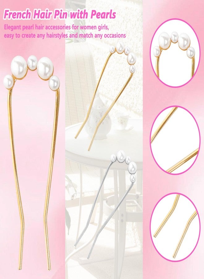 loghohu 2Pcs French Hair Pins with Pearl U-Shaped French Twist Hair Pin Metal French Pin for Women Girls Large French Clip Vintage Hair Sticks Double Prongs Hair Pin Hairstyle Accessories, Gold and Silver - Image 3