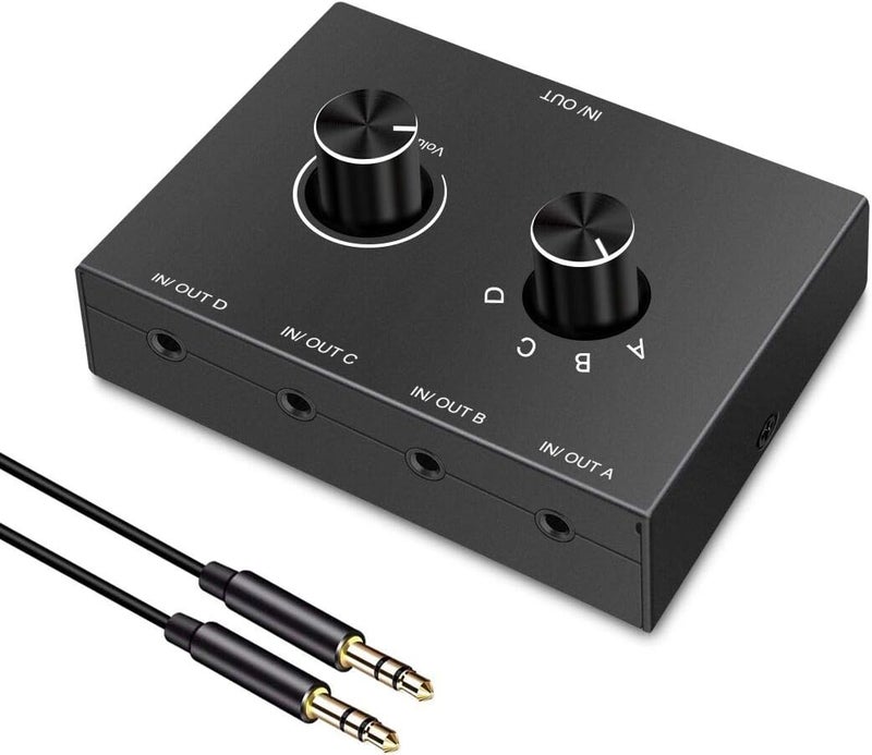 YDF 4-Way 3.5mm Stereo Audio Switcher - Passive Speaker Headphone Manual Selector Splitter Box (4 In - 1 Out) - Image 1