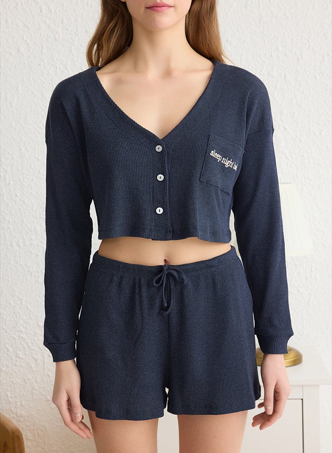 trendyol Indigo Slogan Embroidered Ribbed Knitted Pajama Set THMAW22PT0229  - Image 3
