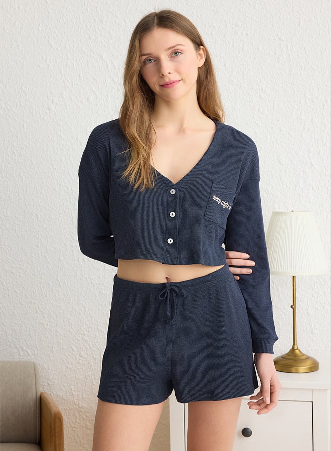 trendyol Indigo Slogan Embroidered Ribbed Knitted Pajama Set THMAW22PT0229  - Image 1