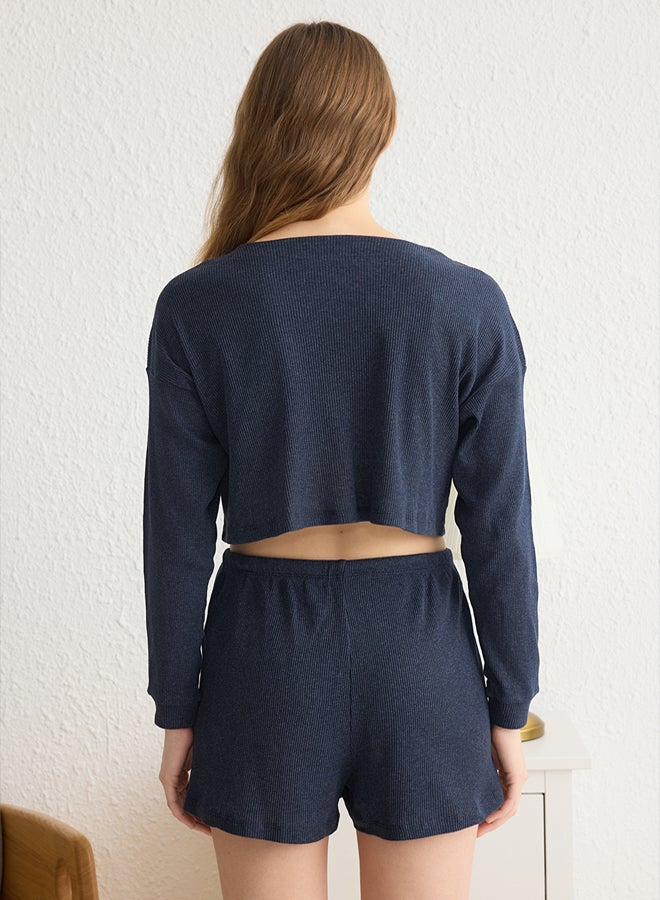 trendyol Indigo Slogan Embroidered Ribbed Knitted Pajama Set THMAW22PT0229  - Image 5