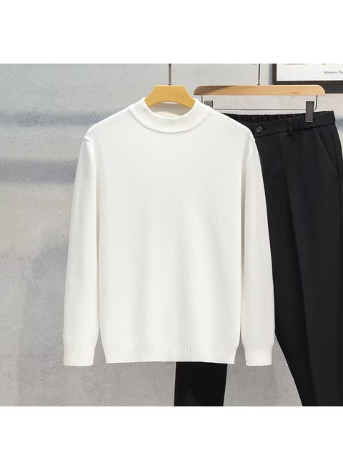 Mens Autumn Winter Fashionable Simple Round Neck Knitted Top Sweater Elastic Comfortable Soft Color Versatile Sleeve Sweatshirt White