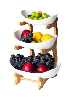 Arabest 3 Tier Fruit Bowl, Ceramic Oval Fruit Tray with Bamboo Rack, Food Serving Tray for Fruit Snacks Dessert Candy Brown 12.9x5.7 inches  - Image 1