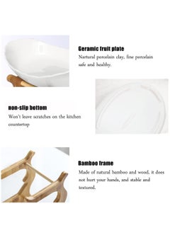 Arabest 3 Tier Fruit Bowl, Ceramic Oval Fruit Tray with Bamboo Rack, Food Serving Tray for Fruit Snacks Dessert Candy Brown 12.9x5.7 inches  - Image 3