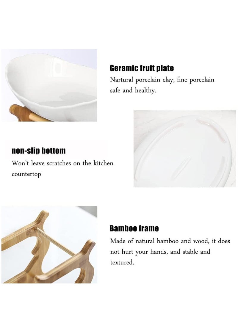 Arabest 3 Tier Fruit Bowl, Ceramic Oval Fruit Tray with Bamboo Rack, Food Serving Tray for Fruit Snacks Dessert Candy Brown 12.9x5.7 inches  - Image 3