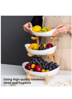 Arabest 3 Tier Fruit Bowl, Ceramic Oval Fruit Tray with Bamboo Rack, Food Serving Tray for Fruit Snacks Dessert Candy Brown 12.9x5.7 inches  - Image 4