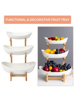 Arabest 3 Tier Fruit Bowl, Ceramic Oval Fruit Tray with Bamboo Rack, Food Serving Tray for Fruit Snacks Dessert Candy Brown 12.9x5.7 inches  - Image 2