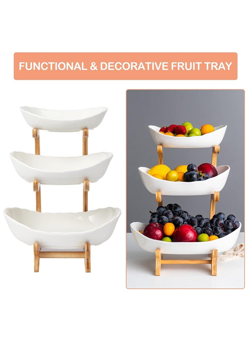 Arabest 3 Tier Fruit Bowl, Ceramic Oval Fruit Tray with Bamboo Rack, Food Serving Tray for Fruit Snacks Dessert Candy Brown 12.9x5.7 inches  - Image 2