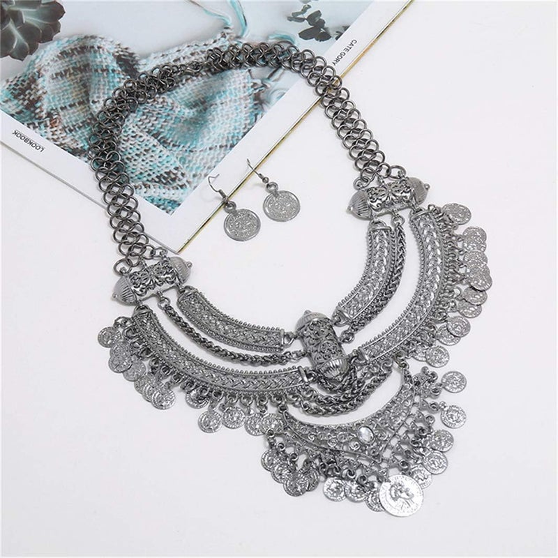 Lyhcside Fashion Bib Bohemian Statement Necklace Punk Ethnic Necklaces and Earrings Set for Women - Image 2