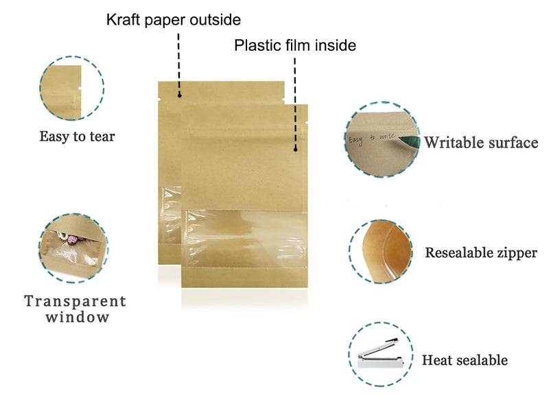 PABCK 100 Pack (Inner Size 2.36x2.36inch) Clear Window Airtight Seed Packets Brown Kraft Paper Envelopes for Zip Food Storage Lock Small Bags Zipper Seal Resealable Heat Seal Pouch Coffee Packaging - Image 2