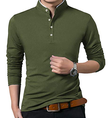 KUYIGO Men's Casual Slim Fit Shirts Long Sleeve Polo Mandarin Collared St Patrick's Day T-Shirts Army Green Small - Image 1