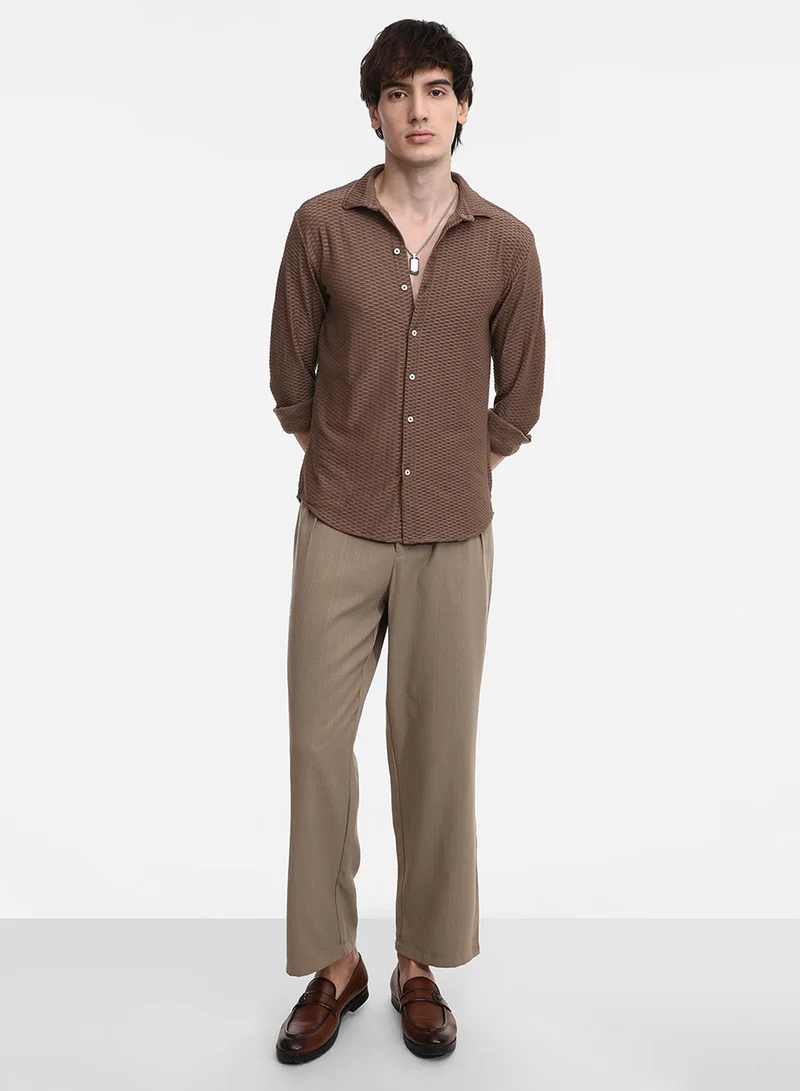 Campus Sutra Men's Mocha Brown Hive-Textured Shirt