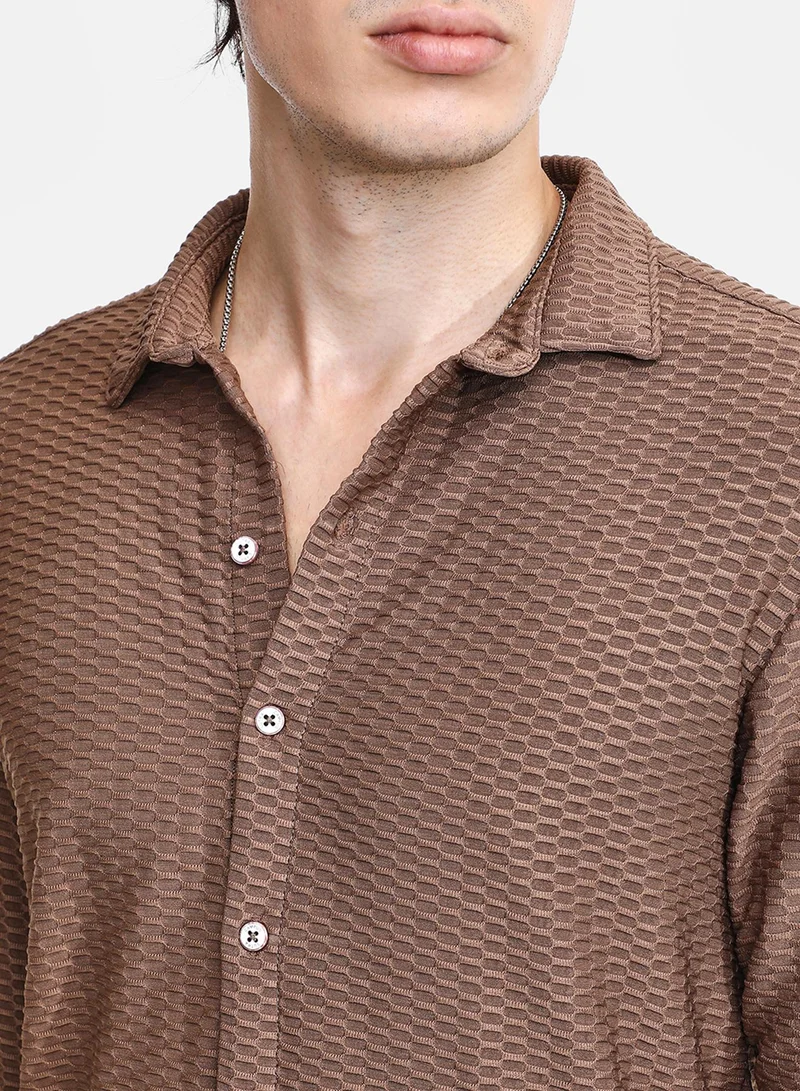 Campus Sutra Men's Mocha Brown Hive-Textured Shirt