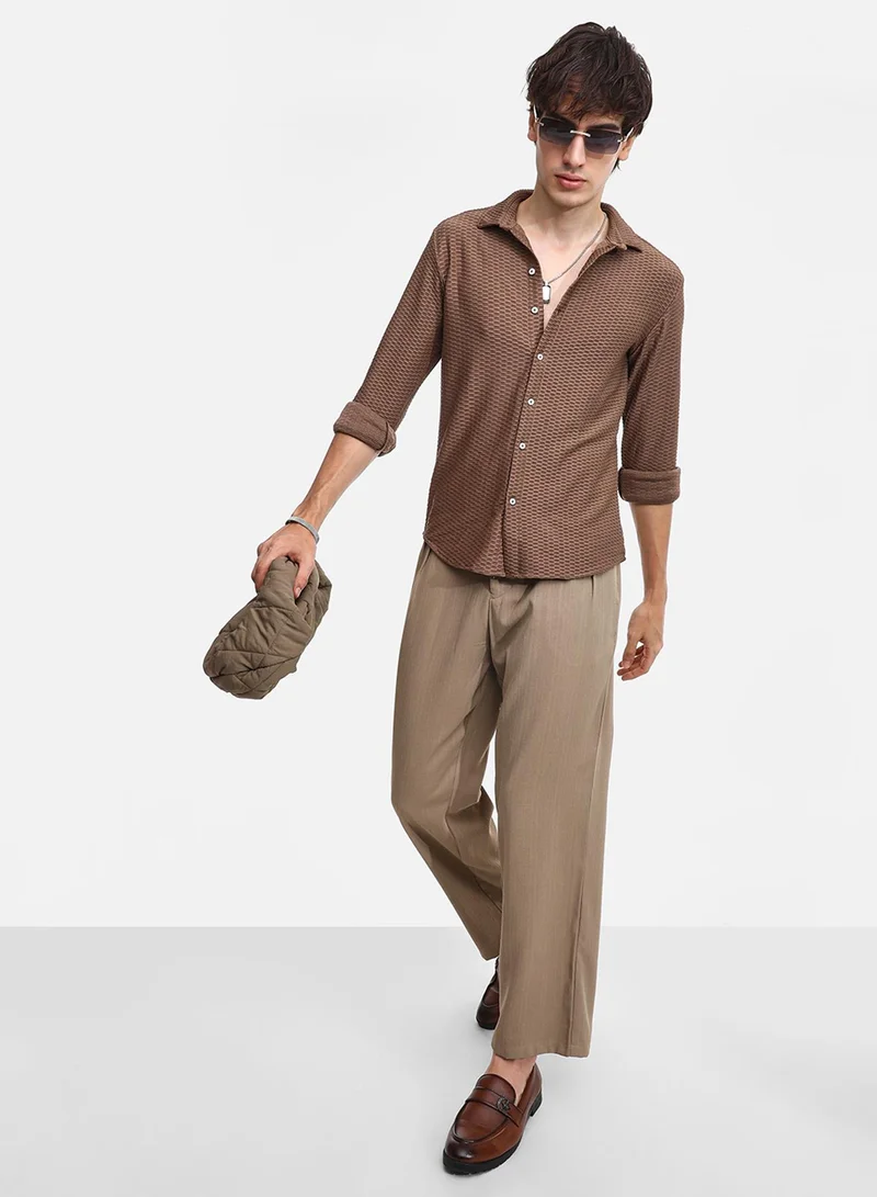 Campus Sutra Men's Mocha Brown Hive-Textured Shirt