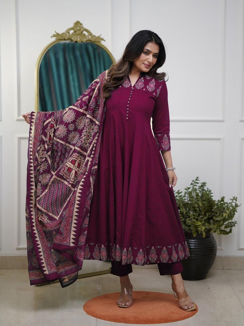 GoSriKi Women's Rayon Viscose Anarkali Printed Kurta Pant with Dupatta (CHAMI Wine-GS_XL_Wine_X-Large) - Image 3