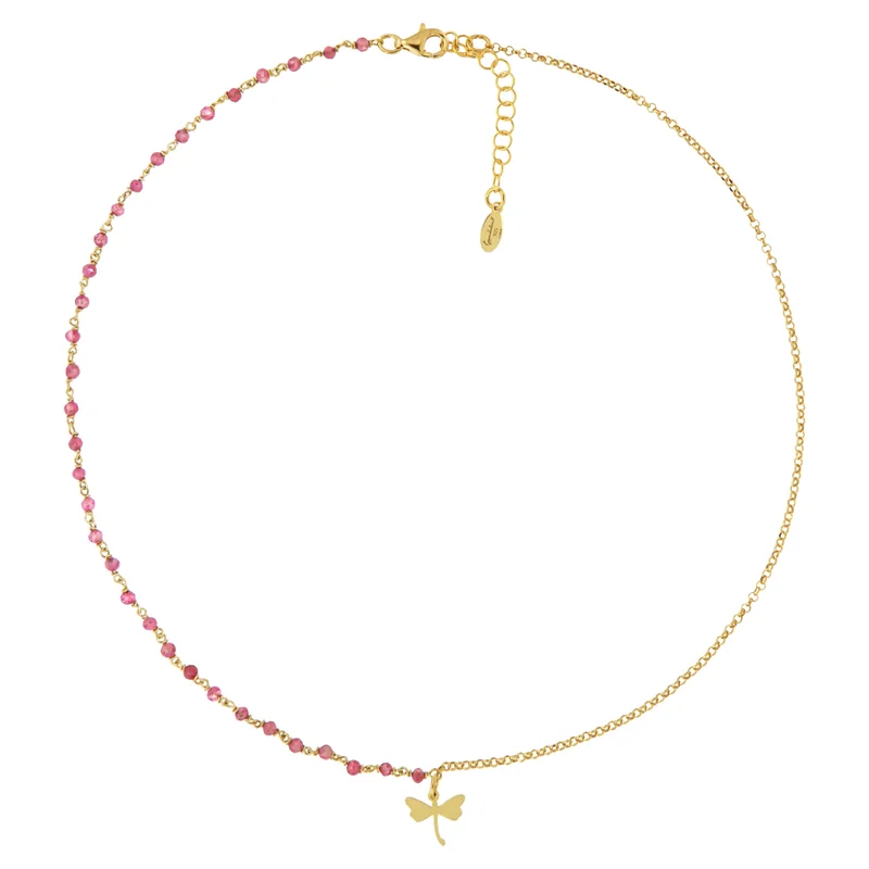 جواندلينا Silver Yellow Gold Plated Necklace with Semi Precious Stones: Pink Tourmaline