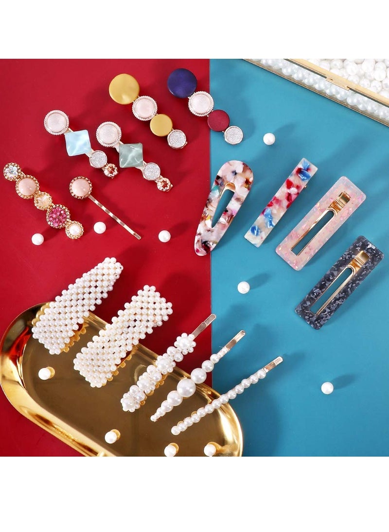 MagicSky - 28 PCS Hingwah Pearls and Acrylic Resin Hair Clips, Handmade Hair Barrettes, Marble Alligator bobby pins, Glitter Crystal Geometric Hairpin, Elegant Gold Hair Accessories, Gifts for Women Girls - Image 1