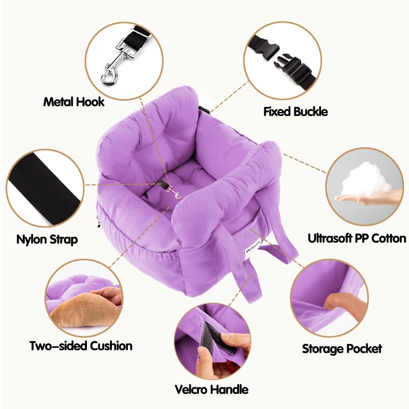 PETNEX Dog Car Seat for Small Dogs, Portable Puppy Car Seat of Easy Installation, Fashionable Pet Carrier Bag with Large Pockets, Machine Washable Dog Booster Seat (Purple) - Image 4