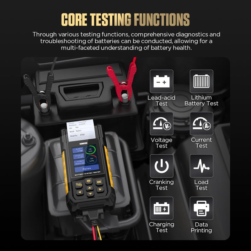 Autool Car Battery Tester 12V 24V Automotive Battery Load Tester 30-2000 CCA, Battery Tester with Printer, Support Lithium Battery, Cranking & Charging & Leakage Test, Data Review Protection - Image 2