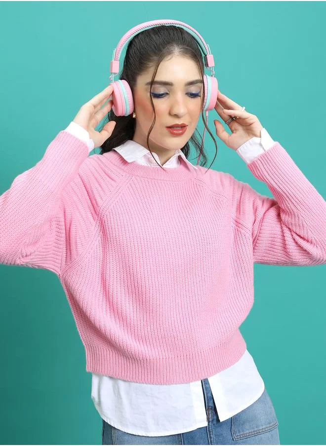 Tokyo Talkies Ribbed Round Neck Raglan Sleeves Sweater by Styli