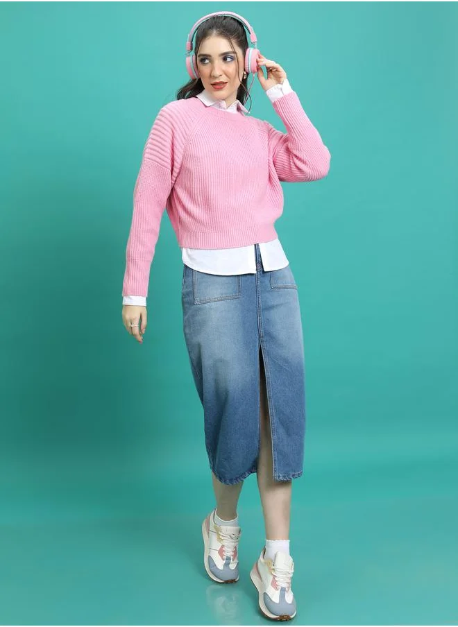Tokyo Talkies Ribbed Round Neck Raglan Sleeves Sweater by Styli