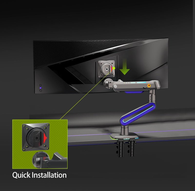NB ERGONOMIC Designer Gaming Monitor Arm for 32 to 60 Inches Screen, Load up to 20 kg, VESA 75/100, RGB-Light, Heavy Duty, Multi Angle Adjustable, Premium Aluminum, Long Arm Extension Purple Blue - Image 5