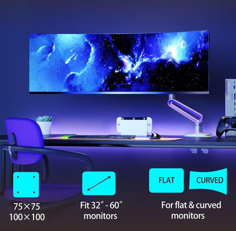 NB ERGONOMIC Designer Gaming Monitor Arm for 32 to 60 Inches Screen, Load up to 20 kg, VESA 75/100, RGB-Light, Heavy Duty, Multi Angle Adjustable, Premium Aluminum, Long Arm Extension Purple Blue - Image 2