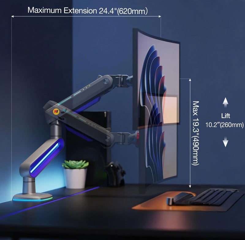 NB ERGONOMIC Designer Gaming Monitor Arm for 32 to 60 Inches Screen, Load up to 20 kg, VESA 75/100, RGB-Light, Heavy Duty, Multi Angle Adjustable, Premium Aluminum, Long Arm Extension Purple Blue - Image 3