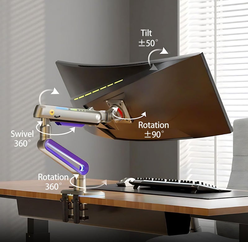 NB ERGONOMIC Designer Gaming Monitor Arm for 32 to 60 Inches Screen, Load up to 20 kg, VESA 75/100, RGB-Light, Heavy Duty, Multi Angle Adjustable, Premium Aluminum, Long Arm Extension Purple Blue - Image 4