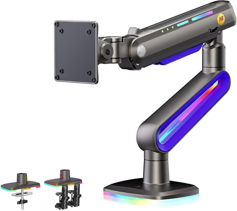 NB ERGONOMIC Designer Gaming Monitor Arm for 32 to 60 Inches Screen, Load up to 20 kg, VESA 75/100, RGB-Light, Heavy Duty, Multi Angle Adjustable, Premium Aluminum, Long Arm Extension Purple Blue - Image 1