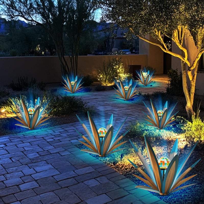TOMBABY Solar Rustic Garden Style Metal Agave Plants Outdoor Patio, Home Decor Hand-Painted Metal Agave Garden Patio Statues, Suitable for Desert Areas, Outdoor Lawn Decorations (2 Solar Blue) - Image 5