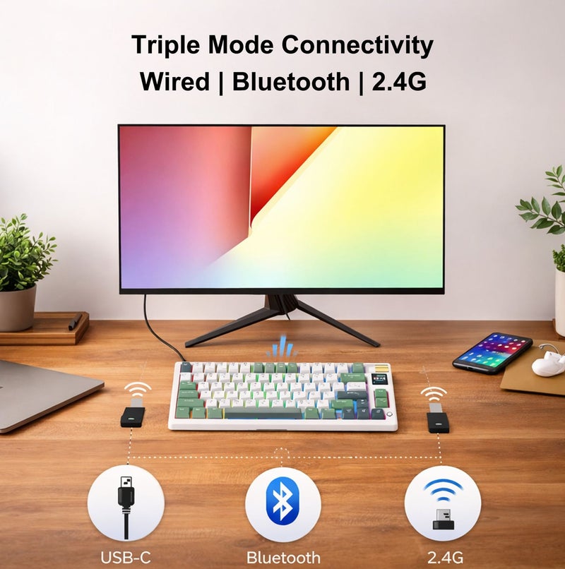 FOREV Mechanical Keyboard with 79 Keycaps, 3-Mode USB/BT/2.4G, Hot Swappable Gaming Keyboard 75% with Knob, RGB Backlit & PBT Keycaps, Designed for Mac Mini PC Gaming Computers MacBook (White-Blue) - Image 2