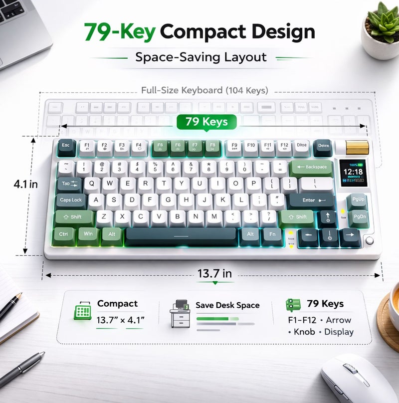 FOREV Mechanical Keyboard with 79 Keycaps, 3-Mode USB/BT/2.4G, Hot Swappable Gaming Keyboard 75% with Knob, RGB Backlit & PBT Keycaps, Designed for Mac Mini PC Gaming Computers MacBook (White-Blue) - Image 3