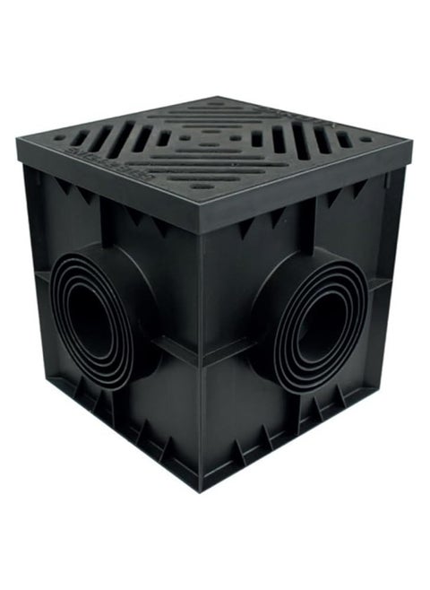 RACO Square Drainage Gully Trap for Floor Grating, Channel Junction Box Debris Trap, Manhole Gully Trap with Filter for Drainage System, PP Trap with Cast Iron Grating, 300X300MM Black