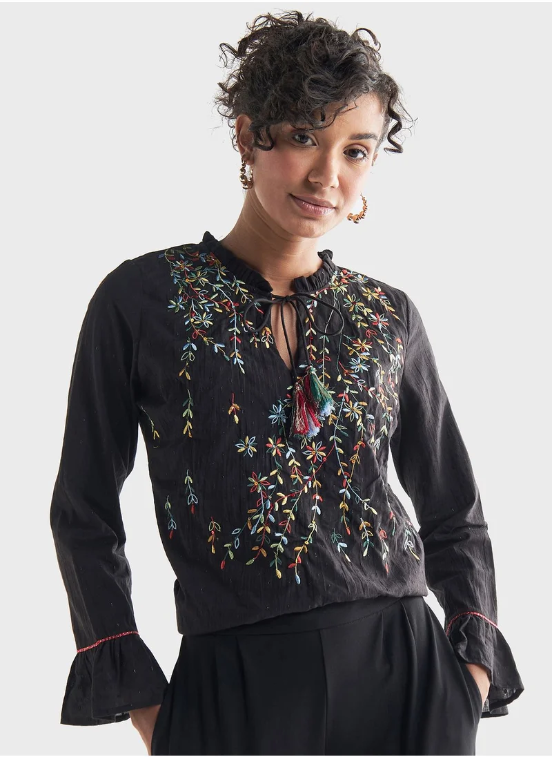 فاف Embroidered Flared Sleeves Top